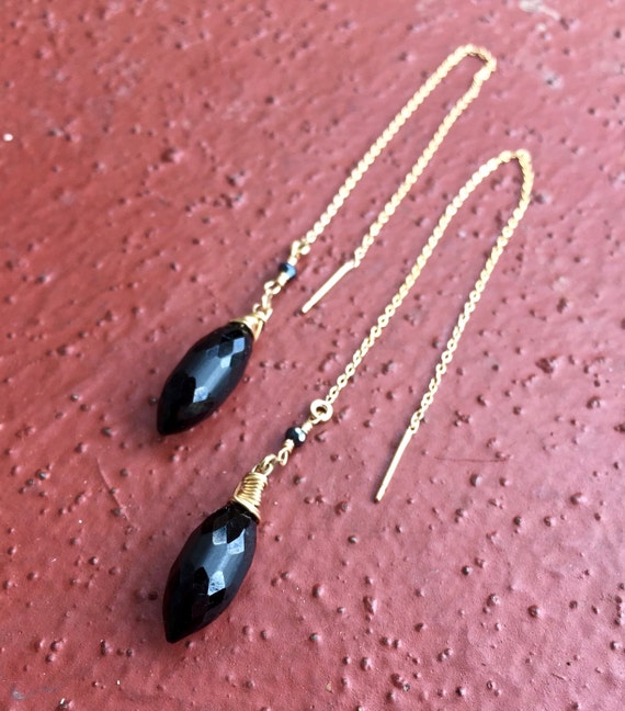 Black Onyx Earrings Threader Earrings Black Spinel Earrings Unusual Jewelry Long Dangle  Earrings
