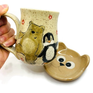 Happy friends set Love you mug Penguin and bear friends Best friends Pottery coffee mug  Cute penguin  Bear cub Penguin/Bear lover gift
