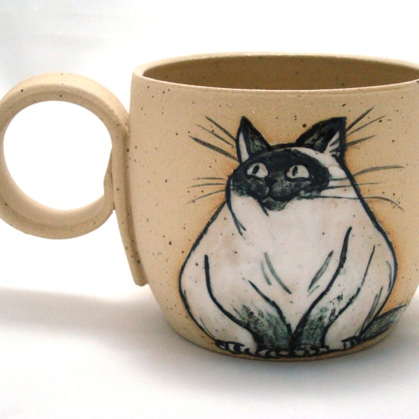 Fat Cat Mug. Ceramic Handmade Cup with Beautiful Fat Cat. Cat Teacup. Coffee Mug with Painted Cat.Simon's Cat. Siamese Cat.