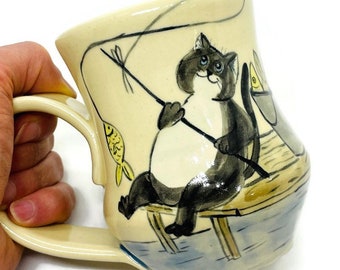 Cat fisher mug Fishing cat Black cat Fishing lover gift Fishercat Cat lover gift Father day gift Cute cat ceramic mug Cat coffee mug