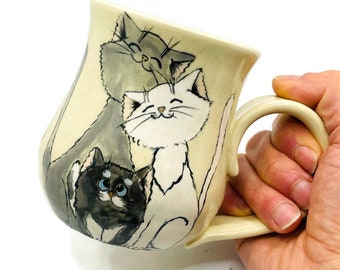 Cats family mug Cat coffee mug Family of three Cute cats Grey cat Cat lover gift Parents gift Handmade pottery mug Valentine Day gift