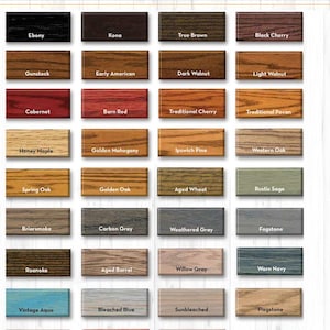 May include: A chart of 24 wood stain colours, with names like Ebony, Kona, True Brown, Black Cherry, Gunstock, Early American, Dark Walnut, Light Walnut, Cabernet, Barn Red, Traditional Cherry, Traditional Pecan, Honey Maple, Golden Mahogany, Ipswich Pine, Western Oak, Spring Oak, Golden Oak, Aged Wheat, Rustic Sage, Briarsmoke, Carbon Grey, Weathered Grey, Fogstone, Roanoke, Aged Barrel, Willow Grey, Worn Navy, Vintage Aqua, Bleached Blue, Sunbleached, Flagstone, Rose, Coral, and Antique White.