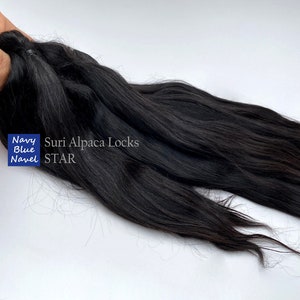 Long black suri alpaca locks STAR 10-11" (25-28 cm) natural fibers, washed and combed for doll hair: wig or reroot