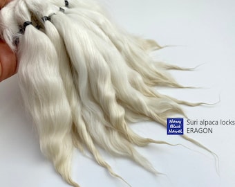 Suri alpaca locks 6" (15cm) ERAGON natural vanilla white suri alpaca fibers, washed and combed doll hair for wig or reroot