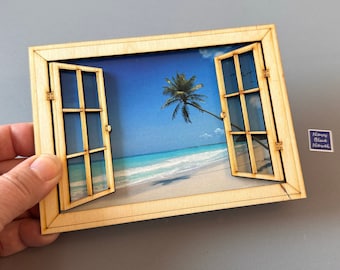 Laser cut DOLLHOUSE WINDOW, miniature open window for dollhouse or diorama, use with a postcard (not included)