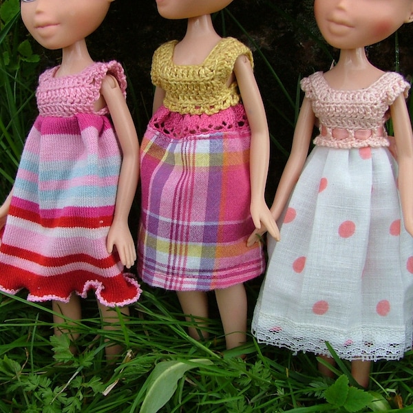 PATTERN 3in1 EASY DRESSES for dolls, 3 different crochet tops and 3 different skirts, for Bratz, Monster High, Blythe, Moxie