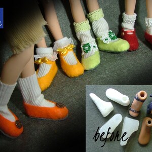 May include: A set of doll shoes in various colors, including orange, yellow, green, red, and white. The shoes are made of fabric and have a variety of styles, including flats, sandals, and heels. The shoes are arranged on a white surface. The text "before" is written on the surface.