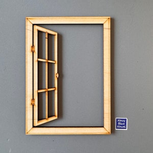 FENÊTRE MAISON DE POUPÉE miniature, fenêtre ouverte découpée au laser pour maison de poupée ou diorama, à utiliser avec une carte postale (non incluse)
