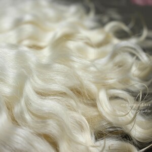 May include: Close-up of a pile of white, curly alpaca locks. The text "Navy Blue Navel" is visible in the lower right corner of the image.