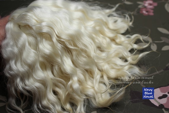 mohair doll hair 10" (25 cm) natural WHITE mohair fibers, GOLDEN undertones, washed and combed, prepared for doll hair: wig or reroot