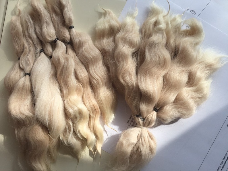 suri alpaca locks 7 TUPAC 17 cm wheat blonde ombre wavy locks, all natural washed and combed Suri alpaca fibers for doll reroot or wig zdjęcie 10