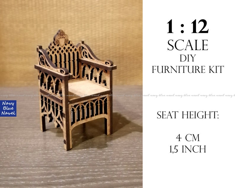 diy dollhouse furniture laser cut unpainted bjd chair throne design B 1:12 doll furniture Gothic ARMCHAIR