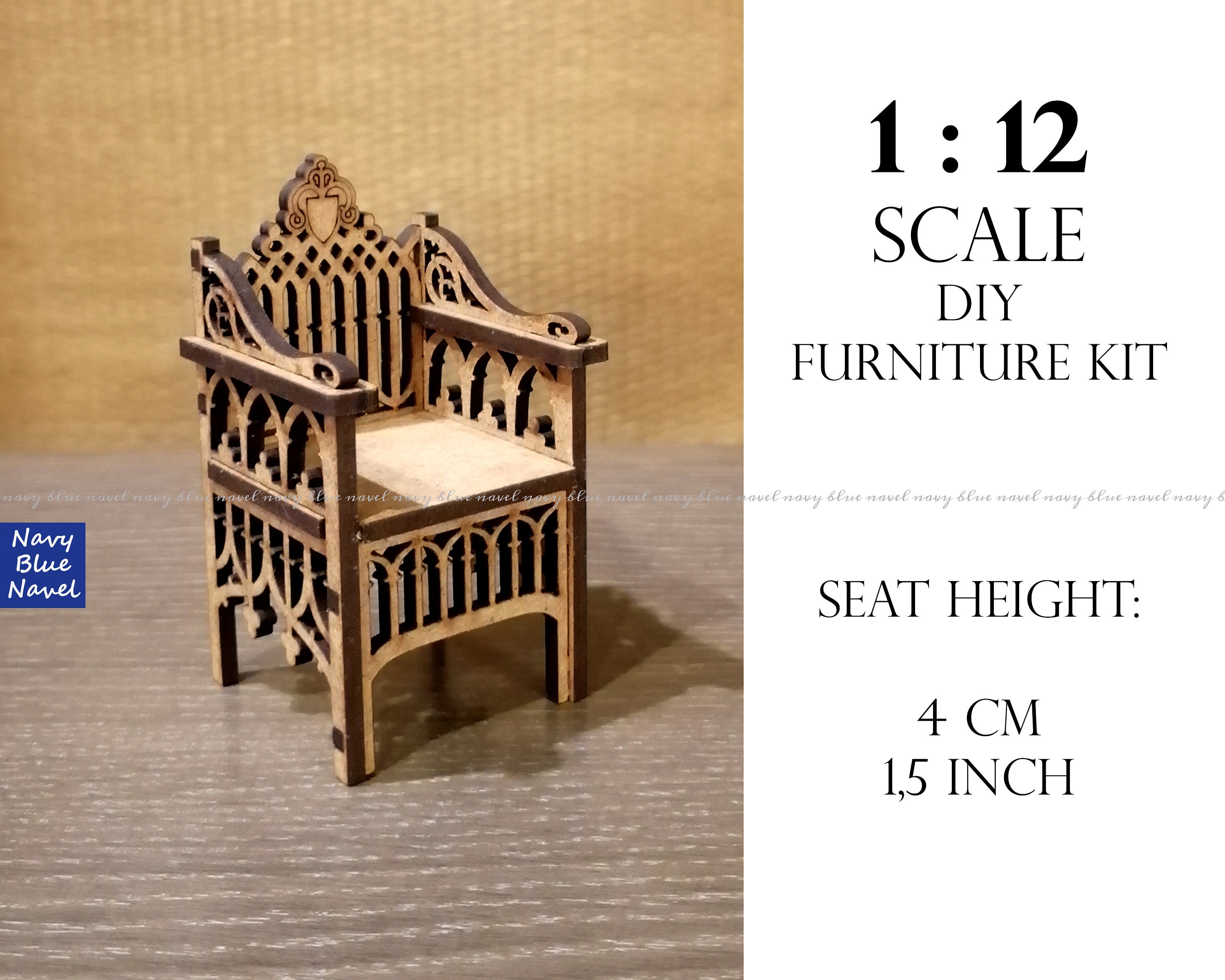 diy dollhouse furniture laser cut unpainted bjd chair throne design B 1:12 doll furniture Gothic ARMCHAIR