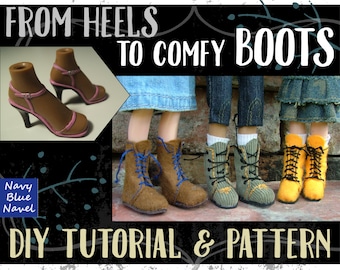 May include: The image showcases a DIY tutorial and pattern for doll shoes. It features a pair of brown high heels with pink accents and several pairs of miniature boots in various styles and colors, including brown, green, and yellow. The text "FROM HEELS TO COMFY BOOTS" is displayed.