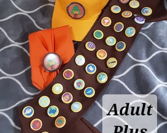 Russel UP inspired Costume Kids & Adult sizes, Sash w/ 1 1/4" buttons, Kerchief, Hat with 2 1/2" Wilderness Explorer Buttons.