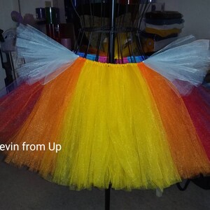 May include: A rainbow tulle tutu with white tulle wings. The tutu has a yellow, orange, red, and purple layers. The text "Kevin from Up" is written on the tutu.