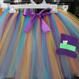 May include: A rainbow tulle tutu with a purple ribbon and a purple felt hat with a green band and the text "5/16" on it.