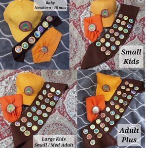 Russel UP inspired Costume Kids & Adult sizes, Sash w/ 1 1/4&quot; buttons, Kerchief, Hat with 2 1/2&quot; Wilderness Explorer Buttons.