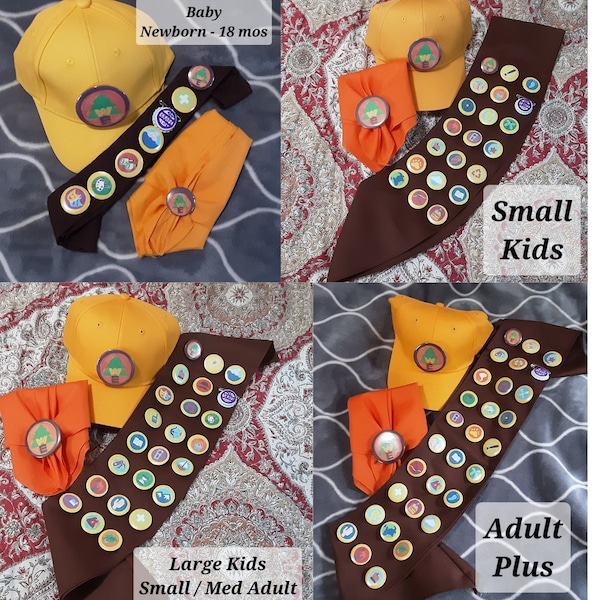 Russel UP inspired Costume Kids & Adult sizes, Sash w/ 1 1/4" buttons, Kerchief, Hat with 2 1/2" Wilderness Explorer Buttons.