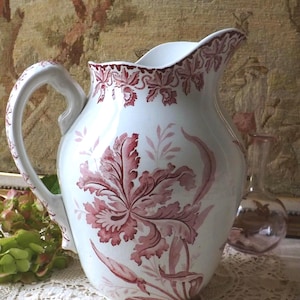 Jarra antigua francesa de loza de transferencia ~ Jarra grande de piedra de hierro ~ Diseño "Orquídeas" rosa intenso