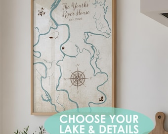 Personalized Lake Map for New Home, Custom Lake Map Print, Housewarming Gift, Custom Location Map, Family Lake House Decor, River Map Art