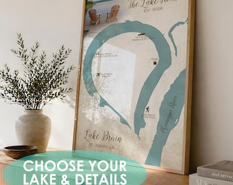 Personalized Lake Map, Custom Lake House Wall Art, Waterfront Home Gift, Custom Lake Map, Lake Cottage Decor, New Home Gift