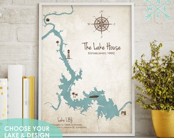 Personalized Lake Map for new home, Housewarming Map Gift, Custom Location