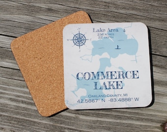 Personalized Lake House Coasters, Lake Map Coasters, Lake House Gift, Cork Back Coasters, Personalized Coasters, Lake House Bar Decor