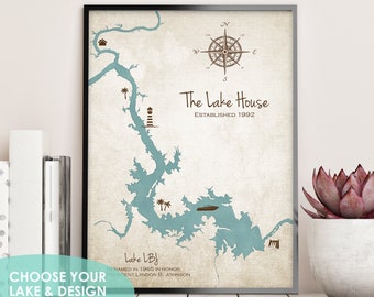 Custom Lake House Artwork, Housewarming Art, Personalized Map, Choose Any Lake