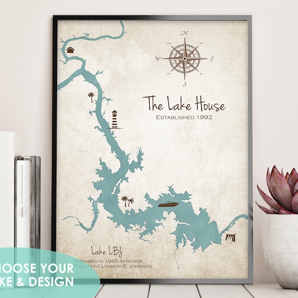 Housewarming Gift Map Print, Moving Present, Map for New Home, Personalized Lake Map, Lake House Decor, Map Gift, Lake Home Map