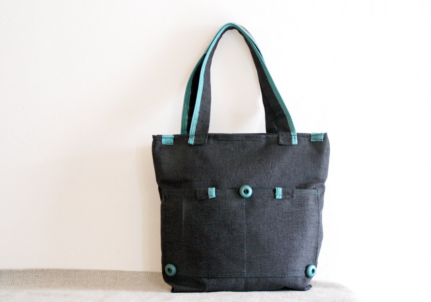 Large Canvas Tote Bag Dark Grey and Aqua Green - Etsy