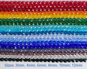 Perles de verre rondes à facettes polies au feu, de fabrication tchèque Preciosa, de 3 mm, 4 mm, 6 mm, 8 mm, 10 mm et 12 mm - Vendues en demi-brins (7,75-8") ou en brins complets (15,5-16")