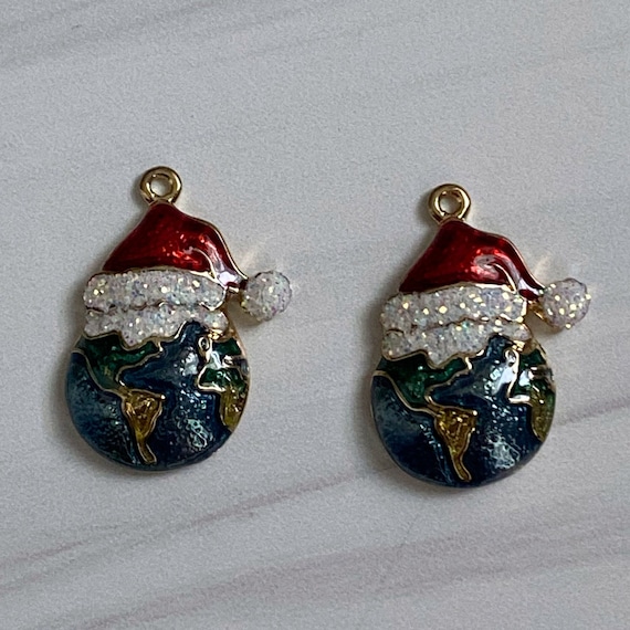 Christmas Santa Hat & Globe Charm, Gold-Finished Pewter (Zinc-Based Alloy), Multicolored Enamel, Glitter, Size 21x17.5mm, Sold in Packs of 2