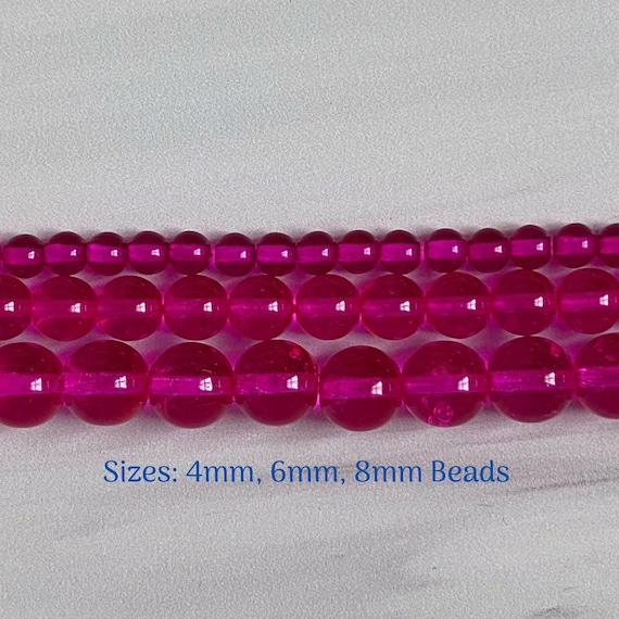 Hot Pink 4mm, 6mm, 8mm Preciosa Czech Dripped Decor Druk Transparent Glass Beads - Half (7.75-8 Inches) or Full (15.5-16 Inches) Strands