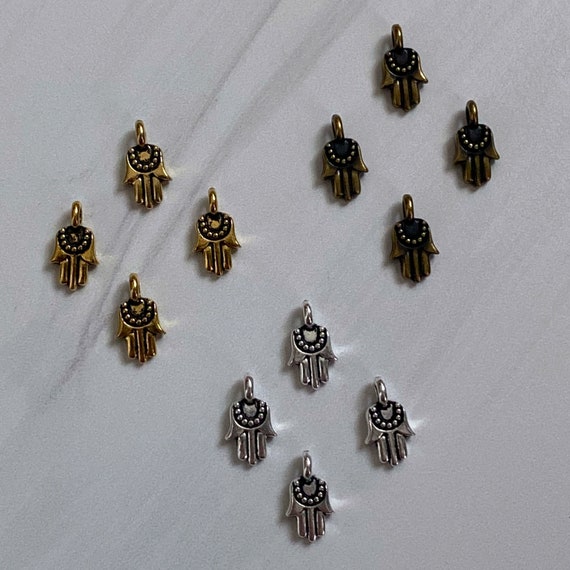 TierraCast Mini Hamsa Hand Charms, Antiqued Gold-Finished, Silver-Plated or Brass-Plated Pewter, Sold in Packs of 10 or 20
