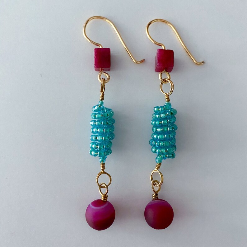 Green and Fuchsia Dangle Earrings Drop Earrings Statement Etsy