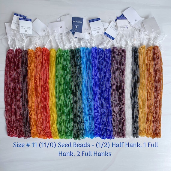 Size 11/0 (#11) Transparent Rainbow Preciosa Czech Seed Beads: Prestrung or Loose Half Hank (18g), 1 Full Hank (36g), 2 Full Hanks (72g)