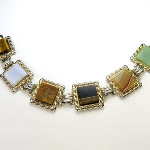 Agate Tigers Eye Jade Nephrite Natural Stones Panel Link Bracelet Vintage Semi-Precious Gemstones Bracelet. Multi-Stones Book Chain Bracelet