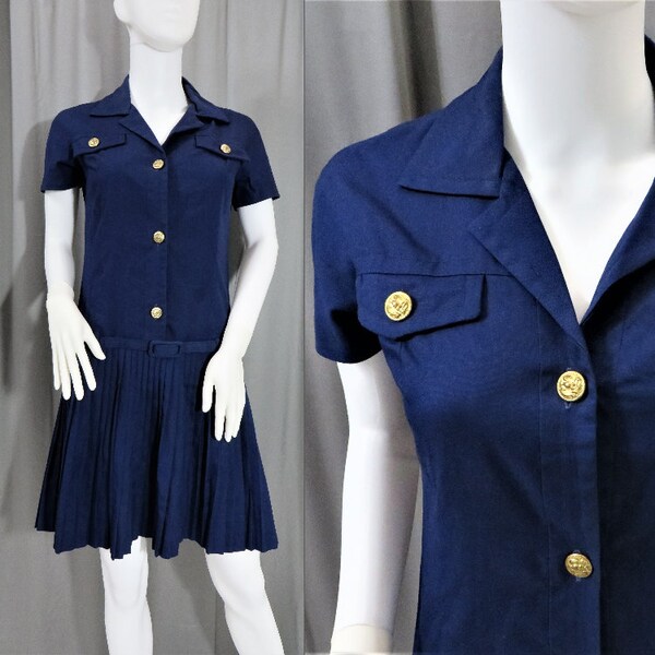 60s MOD Scooter Dress Vintage CALIFORNIA GIRL Brand Pleated Navy Blue Skater GoGo Mini Dress Belted Drop Waist Gold Eagle Buttons Size Small