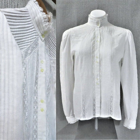 70s Vintage White Pintuck Pleated Prairie Blouse … - image 1