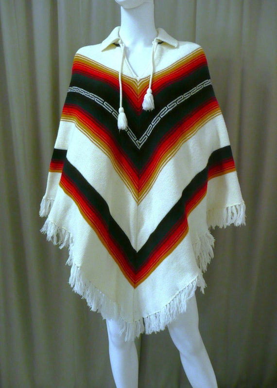 60s Vintage Southwest Striped Woven Knit Poncho Sh