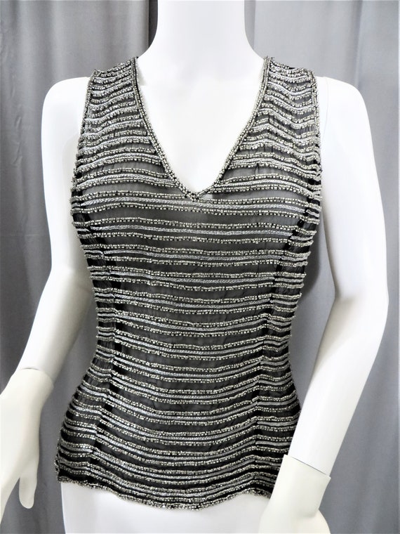 New Old Stock Heavily Beaded Silver & Black Strip… - image 3