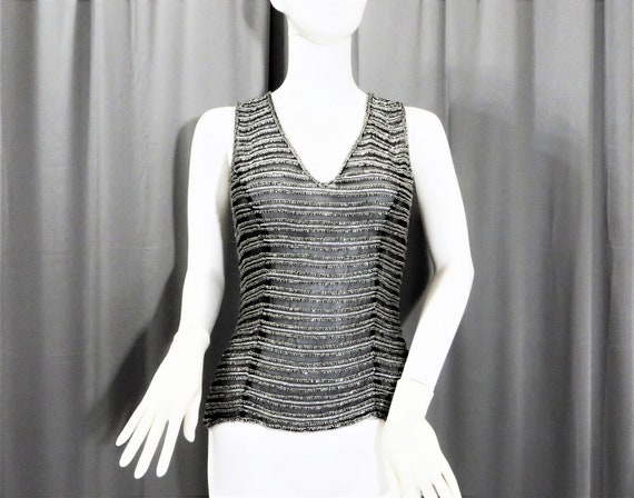 New Old Stock Heavily Beaded Silver & Black Strip… - image 2