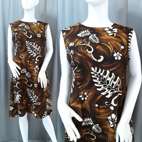 60s Monstera Leaf & Floral Hawaiian Shift Dress V… - image 1