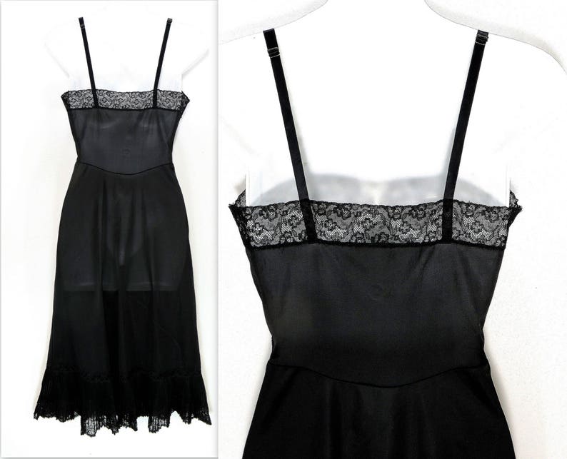 Jet Black Nylon Slip Dress Accordion Pleats /& Sheer Lace Full Slip Vintage Intimates Chemise Lingerie Empire Waist Bias Cut Size 32 S M