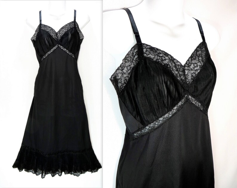 Jet Black Nylon Slip Dress Accordion Pleats /& Sheer Lace Full Slip Vintage Intimates Chemise Lingerie Empire Waist Bias Cut Size 32 S M