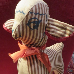 Antique TOY, Baby Lamb  //  Cotton Fabric with Stripes, Neck Ribbon  //  Antique Stuffed Animal  //  9&quot; Tall  //  Rare Childs Toy