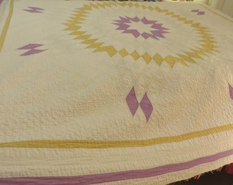 ANTIQUE Quilt, Sunburst STAR, Texas STAR, Star of Bethlehem  //  Heavily Hand Quilted - Purple, Gold, White 78" x 76"  Antique Purple Quilt