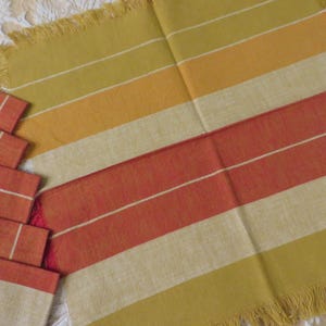 NAPKINS, Woven Cotton Striped Pattern SET of 6  //  Warm Tones in RED Gold Beige  //  Vintage Table Linens  //  15&quot; square
