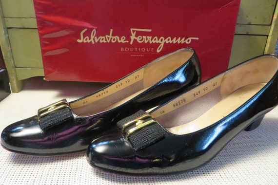 Vintage Black PUMPS Salvatore Ferragamo Patent Leather w/ | Etsy